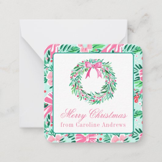 Preppy Roze & Groene Kerstmiskrans Behuizing Notitiekaartje (Voorkant)