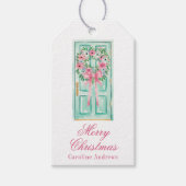 Preppy Roze & Groene Kerstmiskransdeur Cadeaulabel (Voorkant)