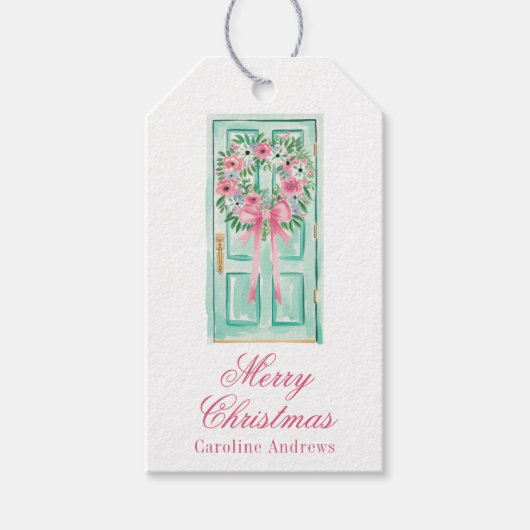 Preppy Roze & Groene Kerstmiskransdeur Cadeaulabel (Voorkant)