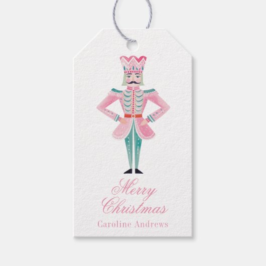 Preppy Roze & Groene Kerstmisnotenkraker Cadeaulabel (Voorkant)