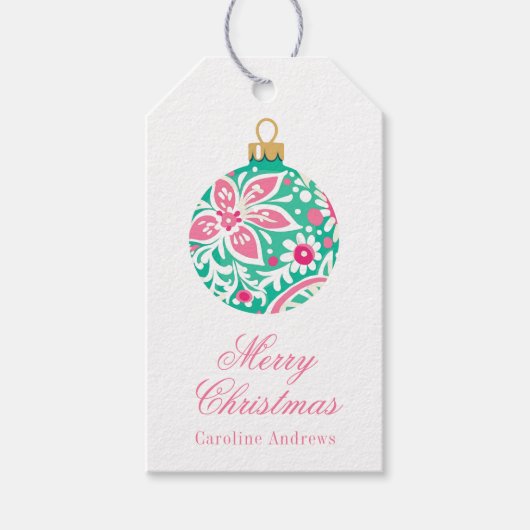 Preppy Roze & Groene Kerstversiering Cadeaulabel (Voorkant)