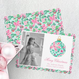 Preppy Roze & Groene Palm Beach Kerst Ornament Feestdagenkaart
