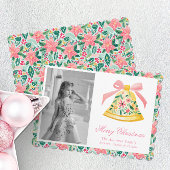 Preppy Roze & Groene Palm Beach Kerstbel Feestdagenkaart