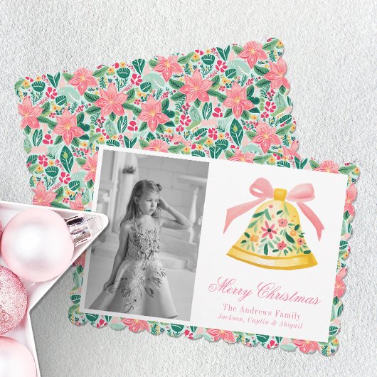 Preppy Roze & Groene Palm Beach Kerstbel Feestdagenkaart