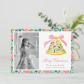 Preppy Roze & Groene Palm Beach Kerstbel Feestdagenkaart (Staand voorkant)