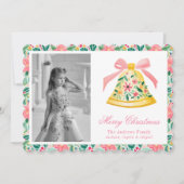 Preppy Roze & Groene Palm Beach Kerstbel Feestdagenkaart (Voorkant)