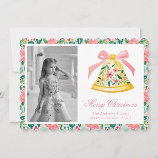 Preppy Roze & Groene Palm Beach Kerstbel Feestdagenkaart (Voorkant)