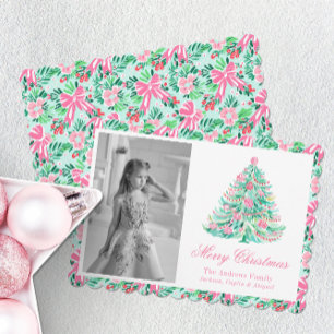 Preppy Roze & Groene Palm Beach Kerstboom Feestdagenkaart