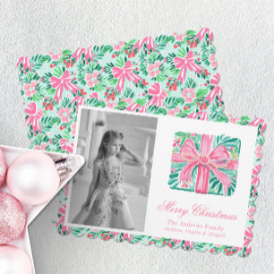 Preppy Roze & Groene Palm Beach Kerstcadeau Feestdagenkaart