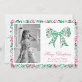 Preppy Roze & Groene Palm Beach Kerststrik Feestdagenkaart (Voorkant)