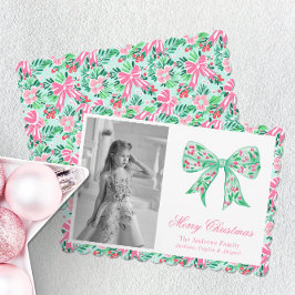 Preppy Roze & Groene Palm Beach Kerststrik Feestdagenkaart