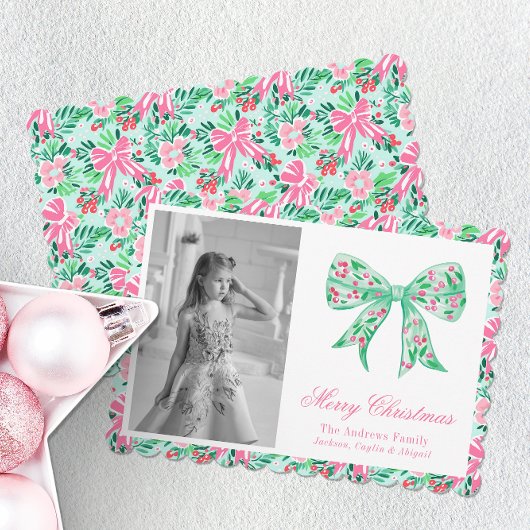 Preppy Roze & Groene Palm Beach Kerststrik Feestdagenkaart