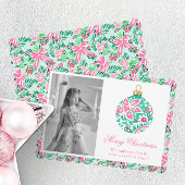 Preppy Roze & Groene Palm Beach Kerstversiering Feestdagenkaart
