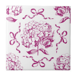 Preppy Roze Hortensia Bow Naadloos Toile Patroon Tegeltje
