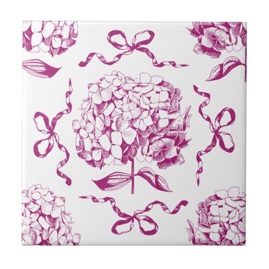 Preppy Roze Hortensia Bow Naadloos Toile Patroon Tegeltje (Voorkant)