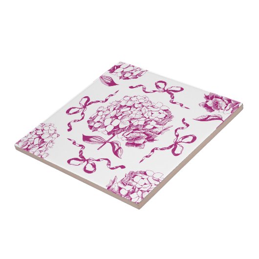 Preppy Roze Hortensia Bow Naadloos Toile Patroon Tegeltje (Zijkant)