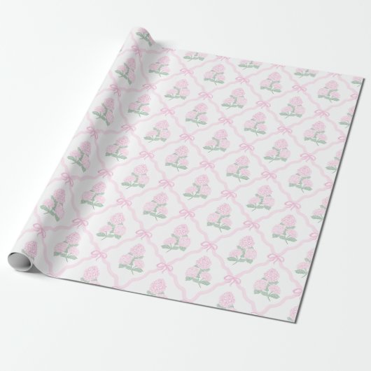 Preppy Roze Hortensia met Roze Boog Trellis Cadeaupapier (Uitgerold)