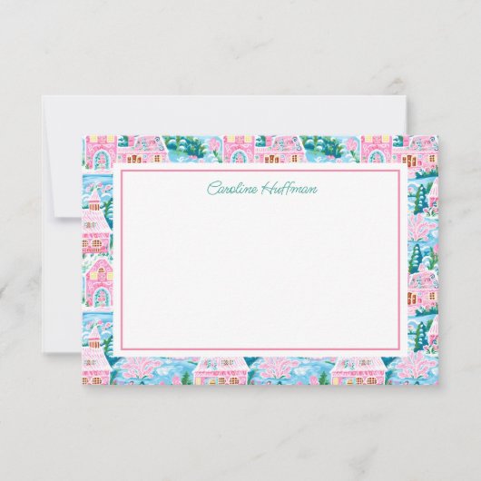 Preppy Roze Kerstdorp gepersonaliseerd Bedankkaart (Voorkant)