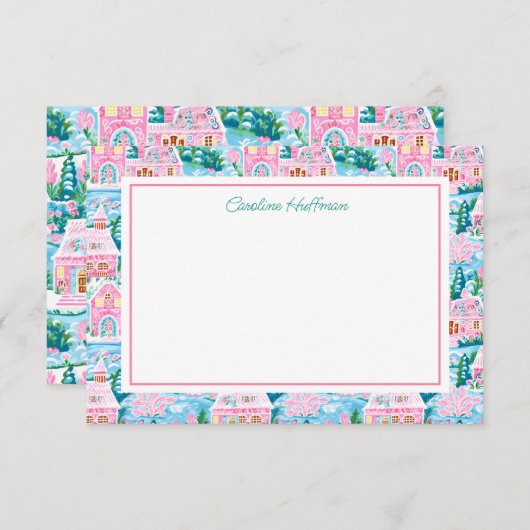 Preppy Roze Kerstdorp gepersonaliseerd Bedankkaart (Voorkant / Achterkant)