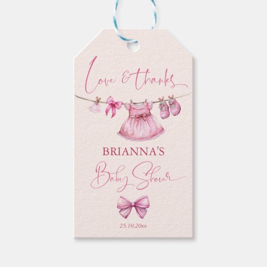 Preppy roze kleding op een lijn baby shower gunst cadeaulabel (Voorkant)