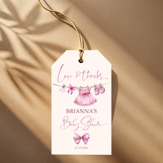 Preppy roze kleding op een lijn baby shower gunst cadeaulabel