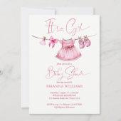 Preppy roze kleding op een lijn meisjes baby showe kaart (Voorkant)