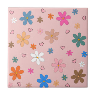 Preppy Roze Kleurrijk Bloem Hart Y2K Patroon Tegeltje