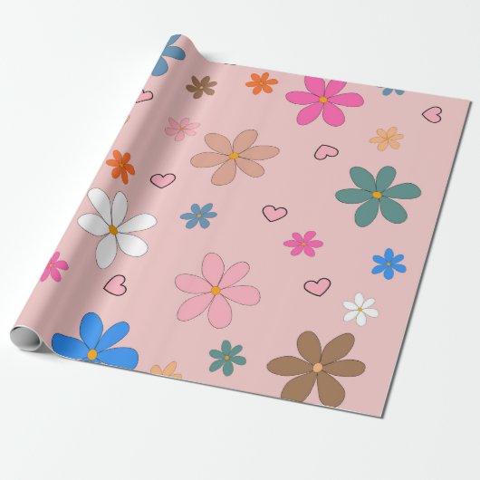 Preppy Roze Kleurrijke Bloemhart Y2K Patroon Cadeaupapier (Uitgerold)