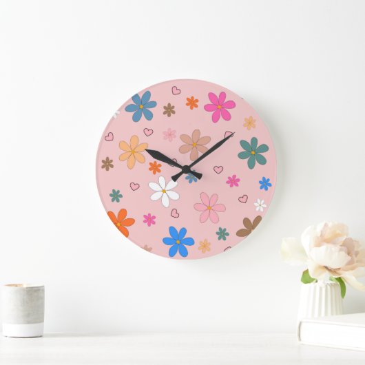 Preppy Roze Kleurrijke Bloemhart Y2K Patroon Grote Klok (Huis)