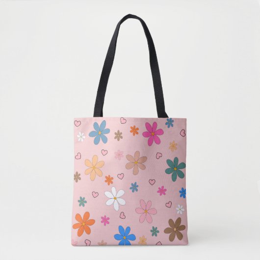 Preppy Roze Kleurrijke Bloemhart Y2K Patroon Tote Bag (Voorkant)