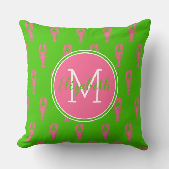 Preppy roze kreeften op groen monogram kussen (Voorkant)