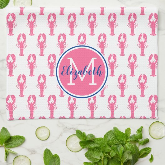 Preppy roze kreeften op wit met marine monogram theedoek (Gevouwen)