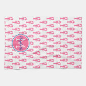 Preppy roze kreeften op wit met marine monogram theedoek (Horizontaal)