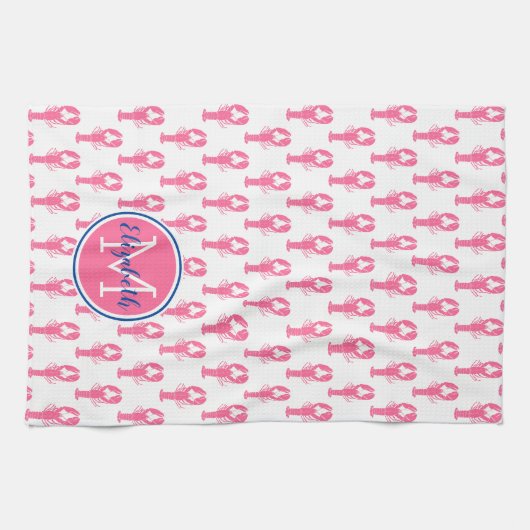 Preppy roze kreeften op wit met marine monogram theedoek (Horizontaal)