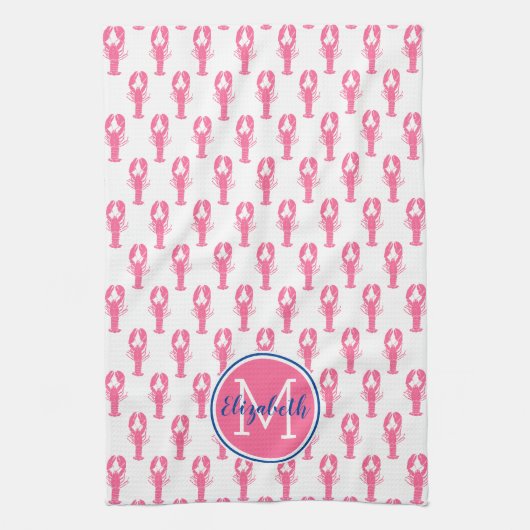 Preppy roze kreeften op wit met marine monogram theedoek (Verticaal)