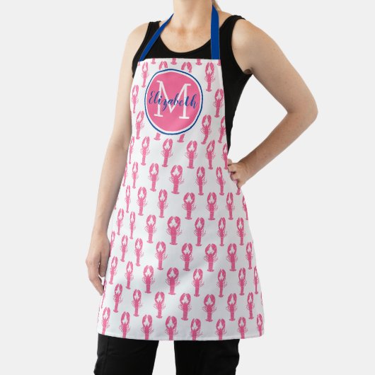 Preppy Roze Kreeften op Wit Met Navy Monogram Schort (Insitu)