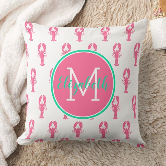 Preppy Roze Kreeften op Witte Monogram Kussen (Deken)