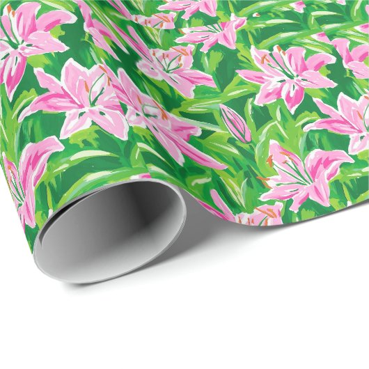 Preppy Roze Lelie Bloemig Chic Botanische Cadeau Cadeaupapier (Rol Hoek)