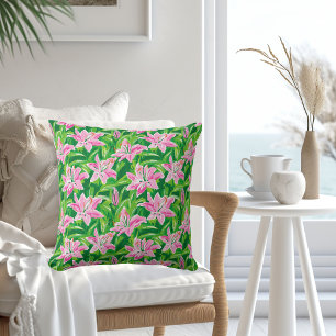 Preppy Roze Lelie Bloemrijke Groene Chic Tuin Deco Kussen