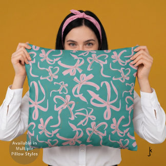 Preppy Roze Lint Boog Patroon in Teal Groen Kussen