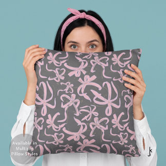 Preppy Roze Lint Strikken Patroon in Satijn Grijs Kussen