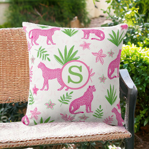 Preppy Roze Luipaard Bloemstuk Monogram Kussen