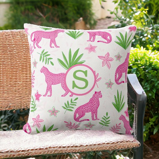 Preppy Roze Luipaard Bloemstuk Monogram Kussen