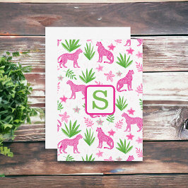 Preppy Roze Luipaard Monogram / Bloemige Groenelem Bedankkaart