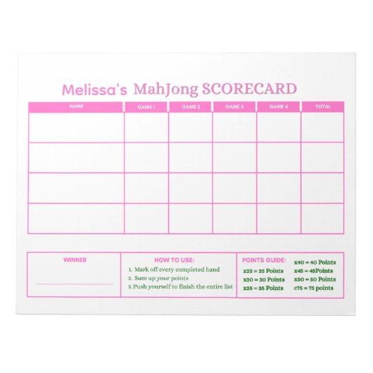 Preppy Roze Mahjong-scorekaart Aangepaste Tracker Notitieblok (Voorkant)