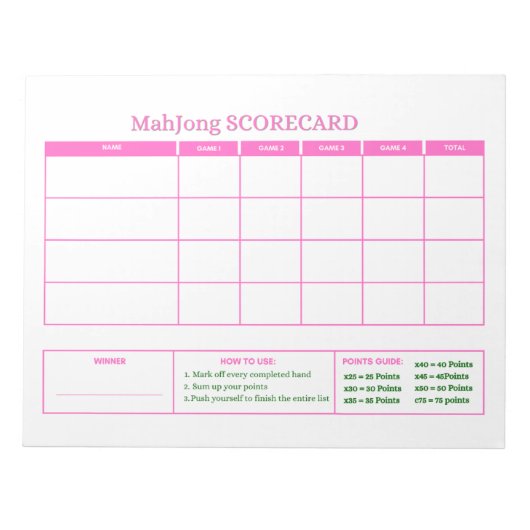 Preppy Roze Mahjong-scorekaart Tracker Notitieblok (Voorkant)