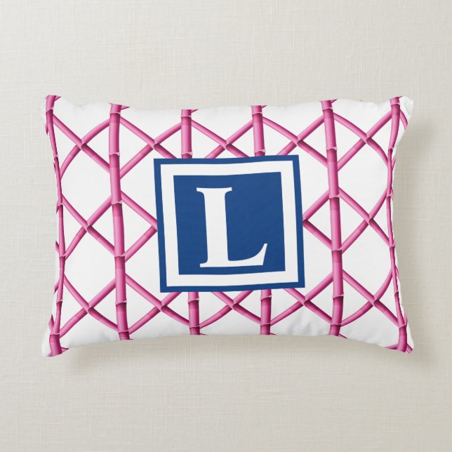 Preppy Roze Marine Trellis Bamboe Patroon Monogram Accent Kussen (Voorkant)