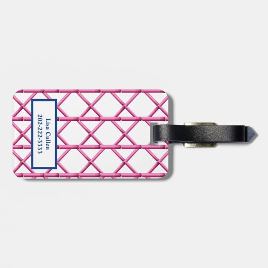 Preppy Roze Marine Trellis Bamboe Patroon Monogram Bagagelabel (Achterkant horizontaal)