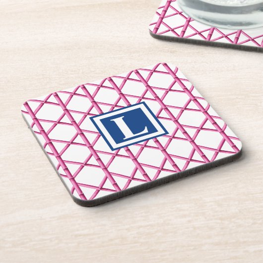 Preppy Roze Marine Trellis Bamboe Patroon Monogram Bier Onderzetter (Linkerzijde)