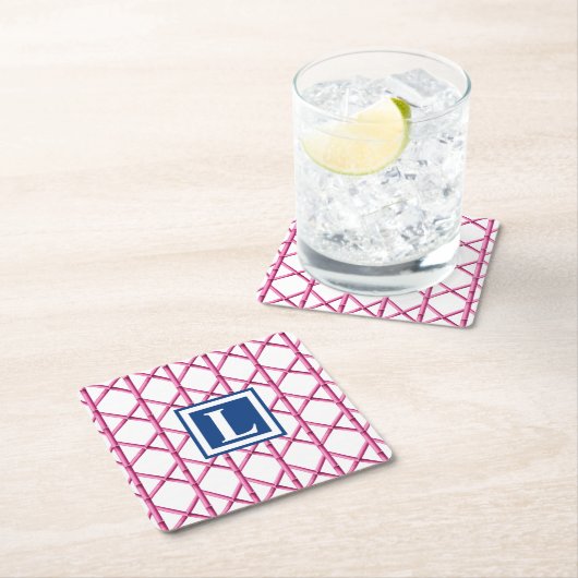 Preppy Roze Marine Trellis Bamboe Patroon Monogram Kartonnen Onderzetters (Insitu)